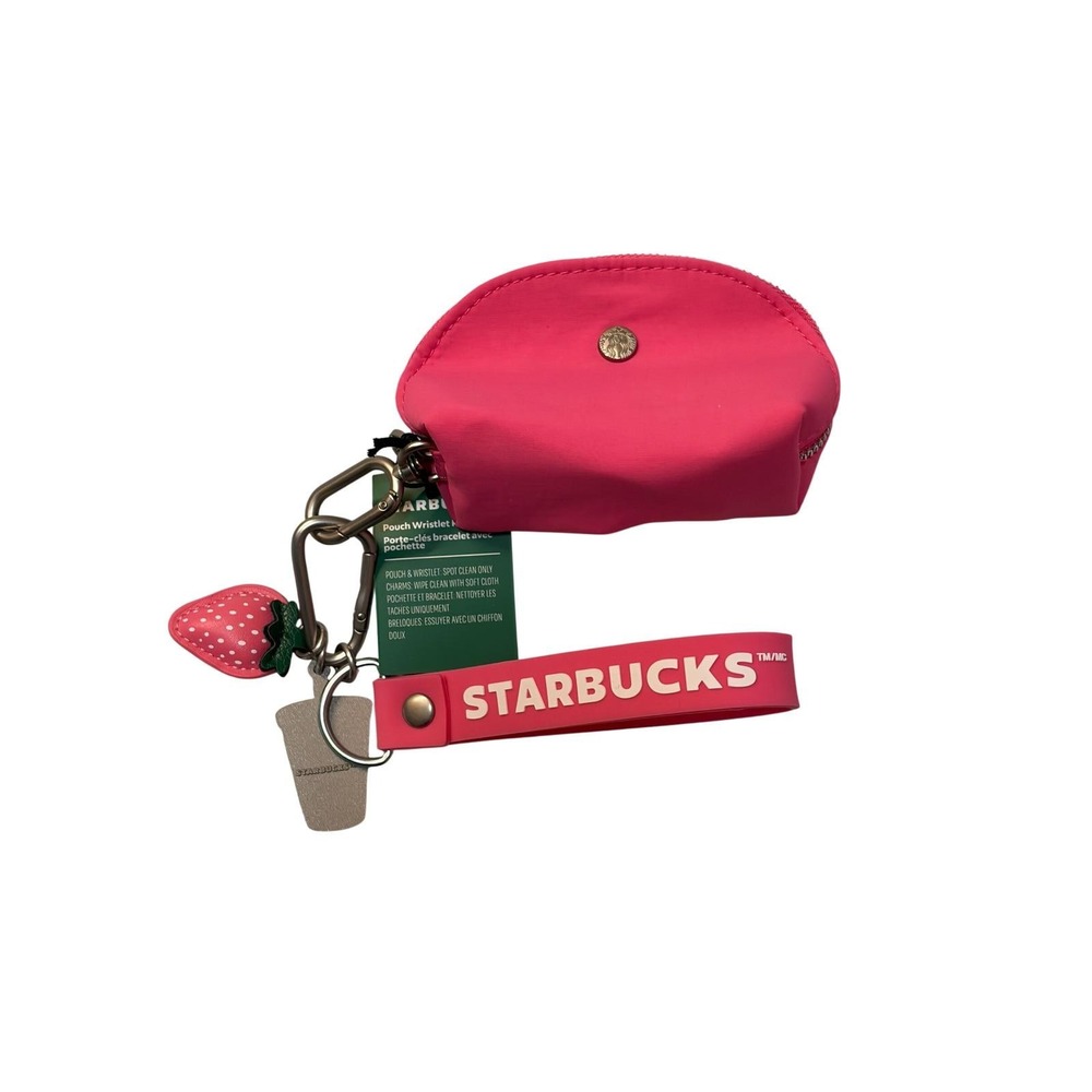 Starbucks Pink Pouch Wristlet Keychain Strawberry Refresher Charm NWT